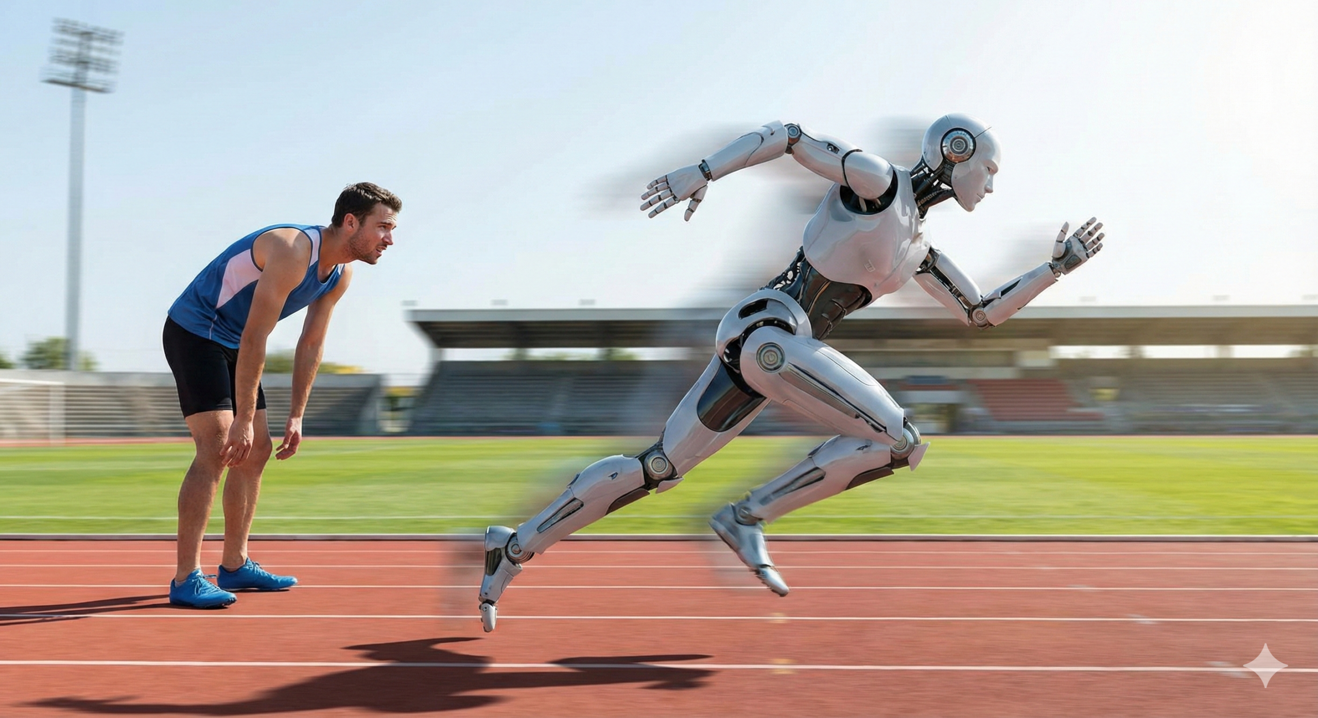 A human runner losing a race against a robot