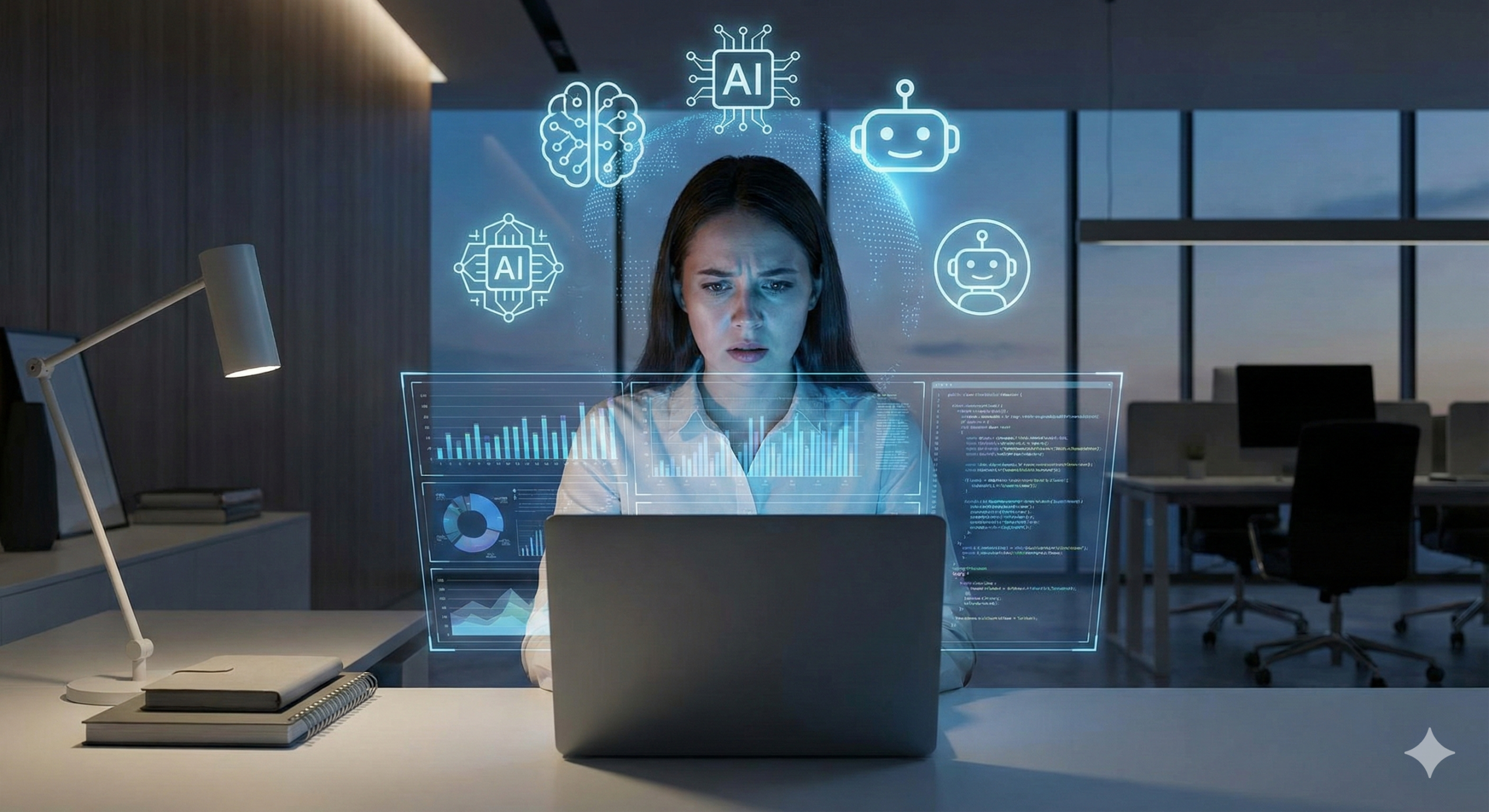 Woman overwhelmed by AI and smart algorithms in the workplace